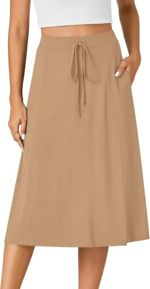 KIFOVEN Women’s Casual High Waist A Line Midi Skirt Flared Drawstring Stretchy Skirt