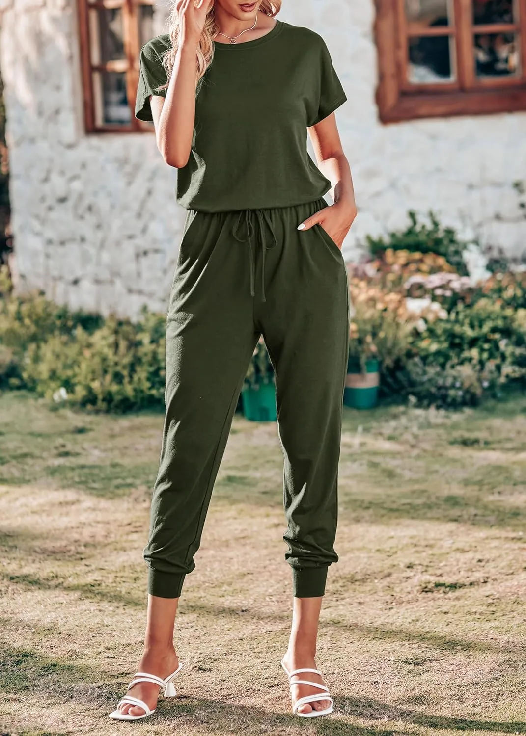 KIRUNDO Jumpsuits for Women Summer 2025 Casual Short Sleeve One Piece Outfits Drawstring Waist Long Pants Romper Jumpers