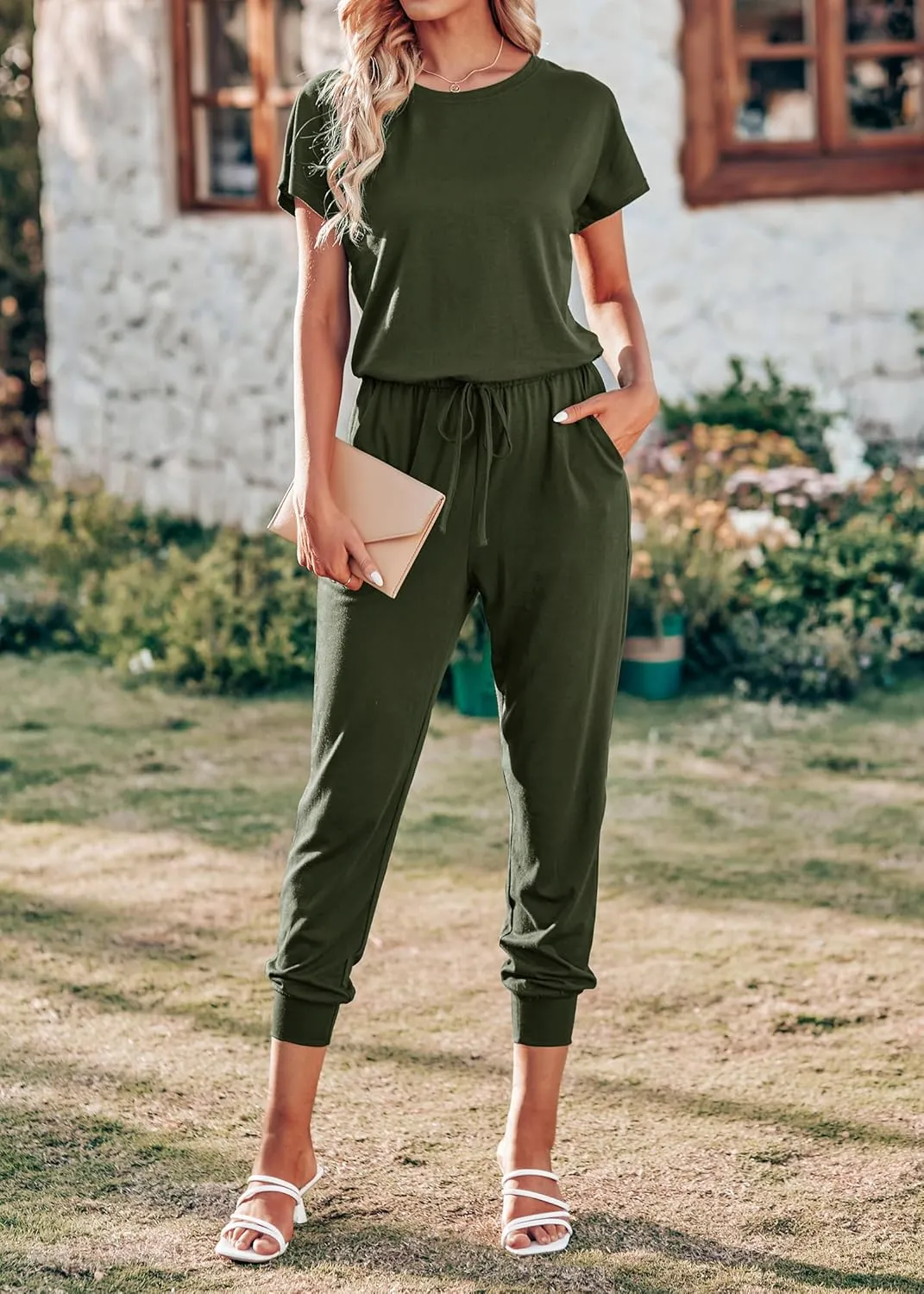 KIRUNDO Jumpsuits for Women Summer 2025 Casual Short Sleeve One Piece Outfits Drawstring Waist Long Pants Romper Jumpers