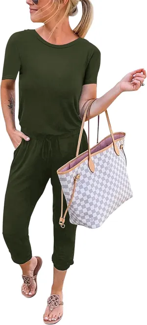 KIRUNDO Jumpsuits for Women Summer 2025 Casual Short Sleeve One Piece Outfits Drawstring Waist Long Pants Romper Jumpers