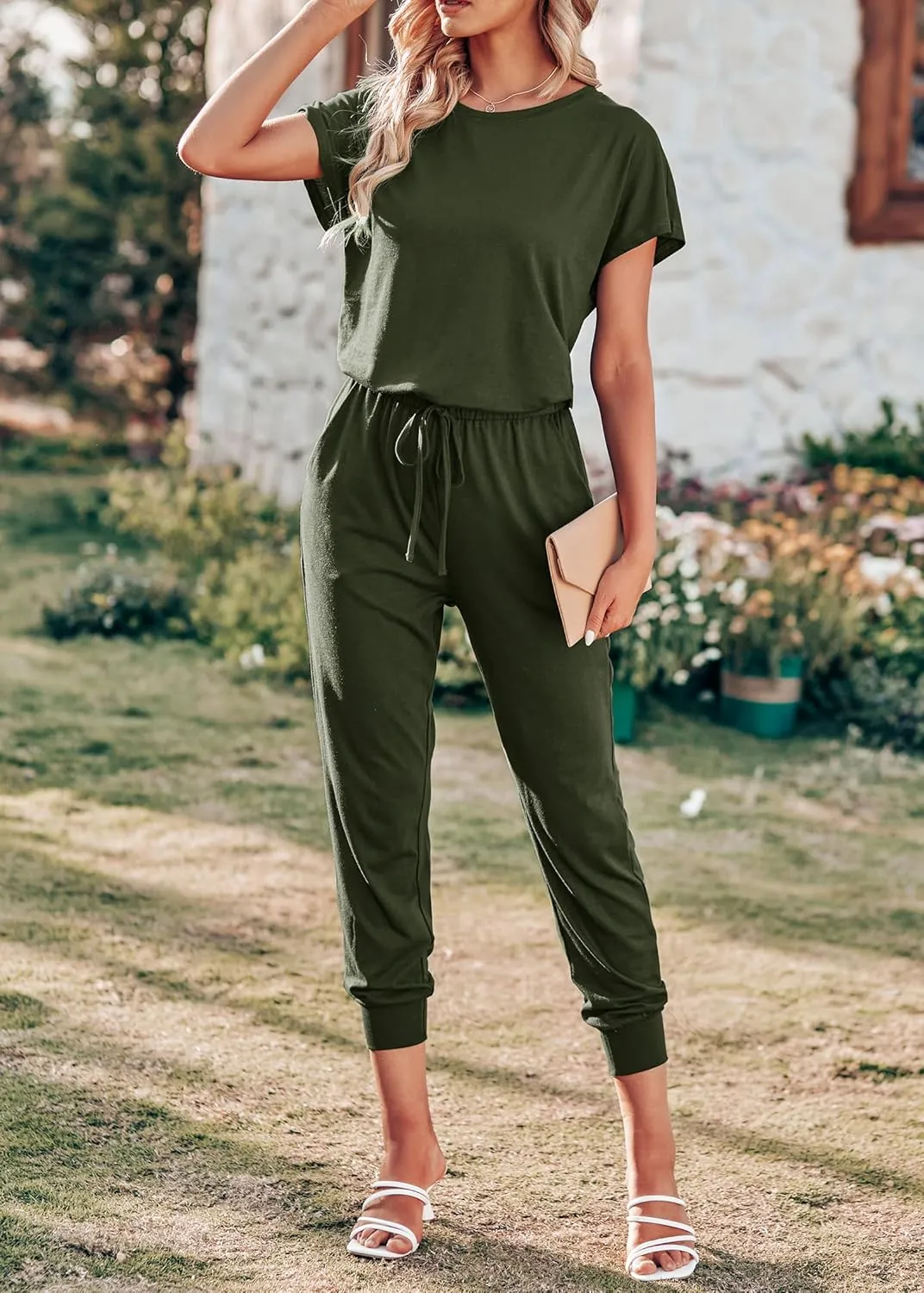 KIRUNDO Jumpsuits for Women Summer 2025 Casual Short Sleeve One Piece Outfits Drawstring Waist Long Pants Romper Jumpers
