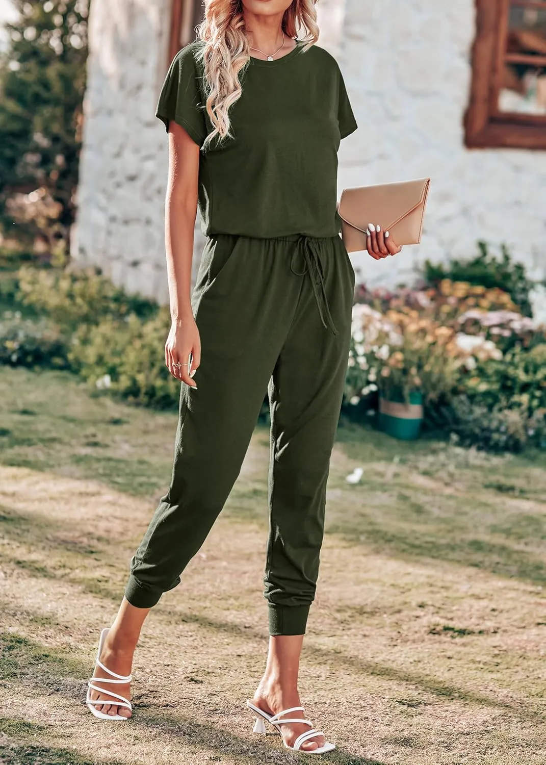 KIRUNDO Jumpsuits for Women Summer 2025 Casual Short Sleeve One Piece Outfits Drawstring Waist Long Pants Romper Jumpers