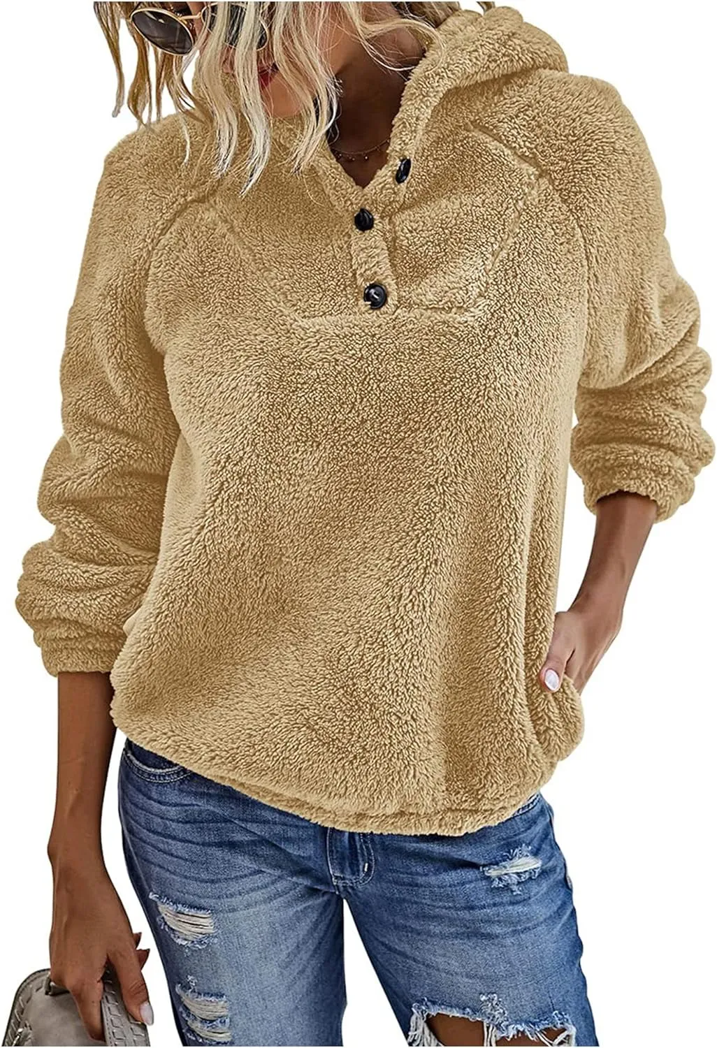 KIRUNDO Women's 2025 Winter Fuzzy Fleece Hoodies Sweatshirts Casual Long Sleeves Shaggy Sherpa Pullover With Pockets