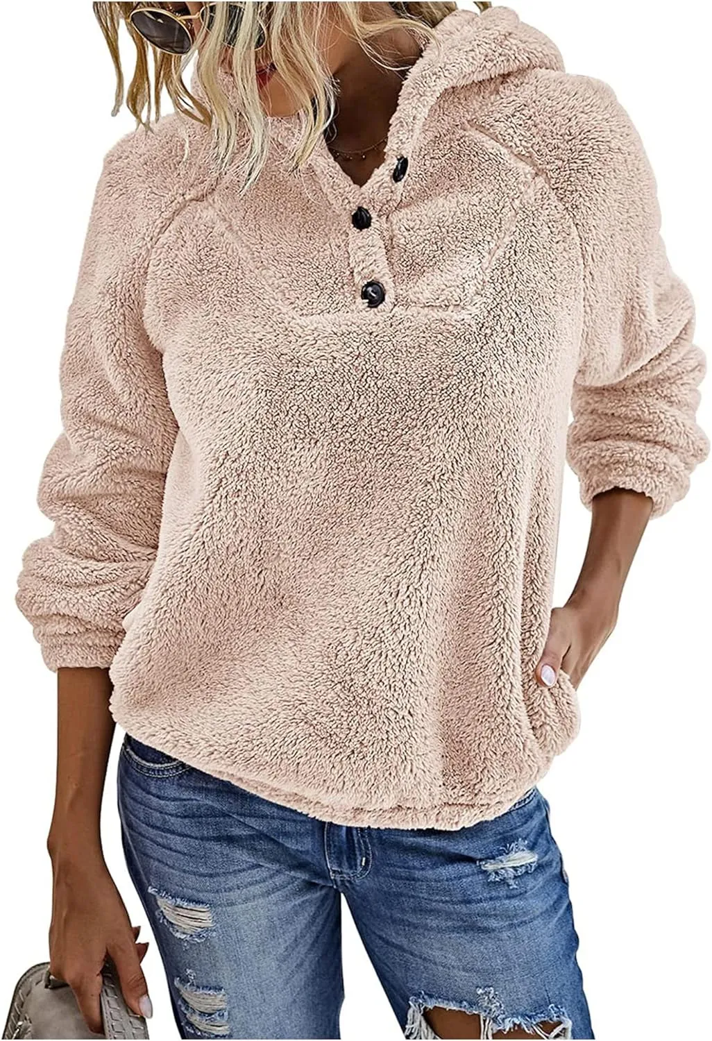 KIRUNDO Women's 2025 Winter Fuzzy Fleece Hoodies Sweatshirts Casual Long Sleeves Shaggy Sherpa Pullover With Pockets