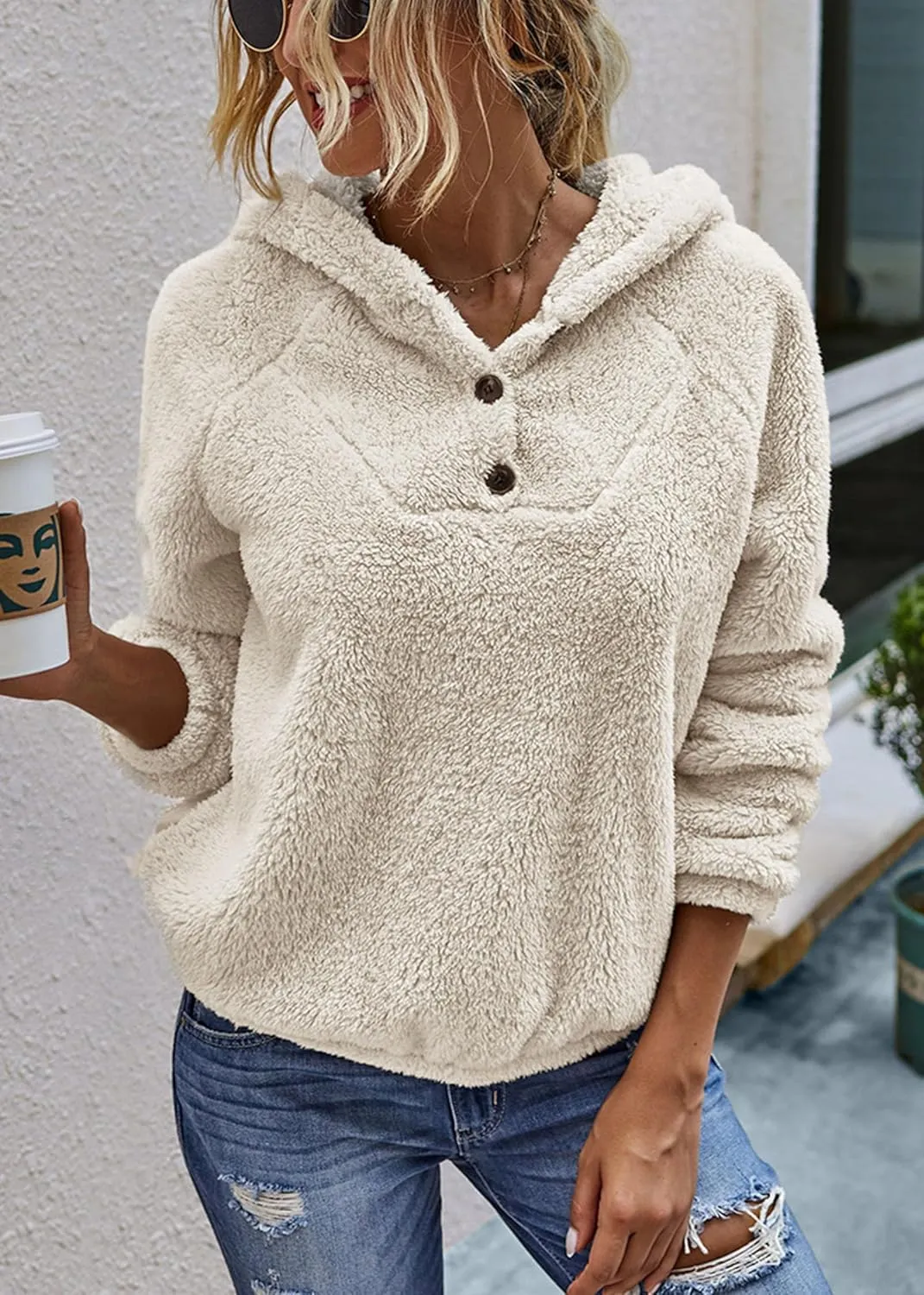 KIRUNDO Women's 2025 Winter Fuzzy Fleece Hoodies Sweatshirts Casual Long Sleeves Shaggy Sherpa Pullover With Pockets