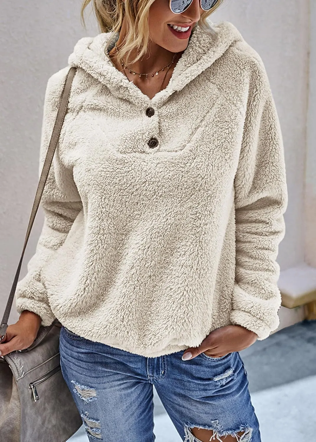 KIRUNDO Women's 2025 Winter Fuzzy Fleece Hoodies Sweatshirts Casual Long Sleeves Shaggy Sherpa Pullover With Pockets