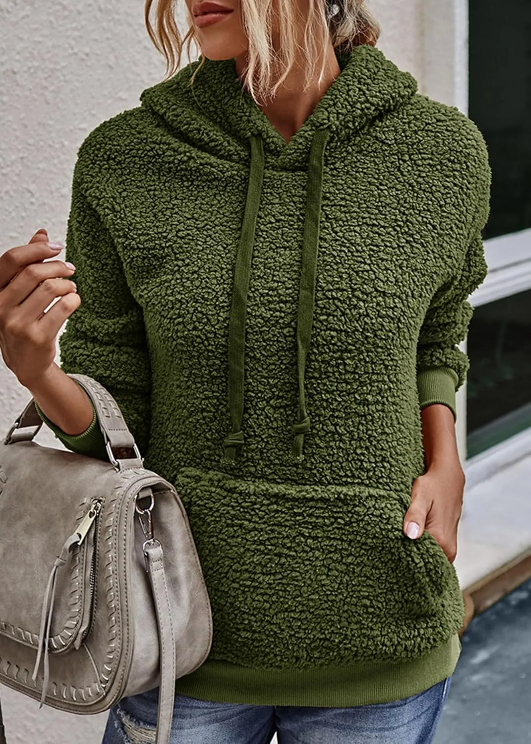 KIRUNDO Women's 2025 Winter Fuzzy Fleece Hoodies Sweatshirts Casual Long Sleeves Shaggy Sherpa Pullover With Pockets