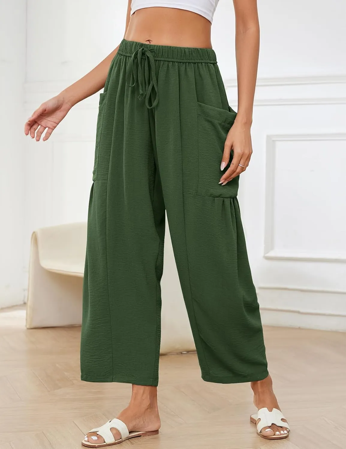 Kissonic Womens Wide Leg Pants Casual Loose Drawstring Flowy Summer Beach Palazzo Harem Pants with Pockets