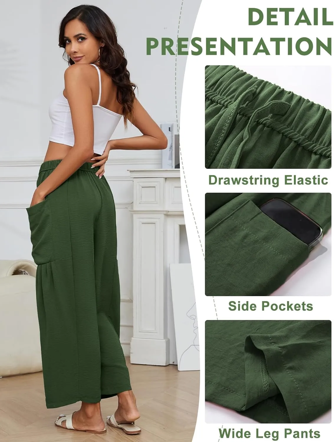Kissonic Womens Wide Leg Pants Casual Loose Drawstring Flowy Summer Beach Palazzo Harem Pants with Pockets