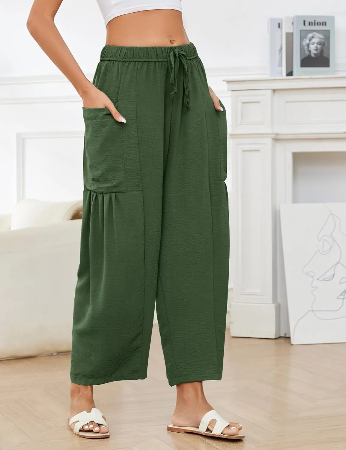 Kissonic Womens Wide Leg Pants Casual Loose Drawstring Flowy Summer Beach Palazzo Harem Pants with Pockets
