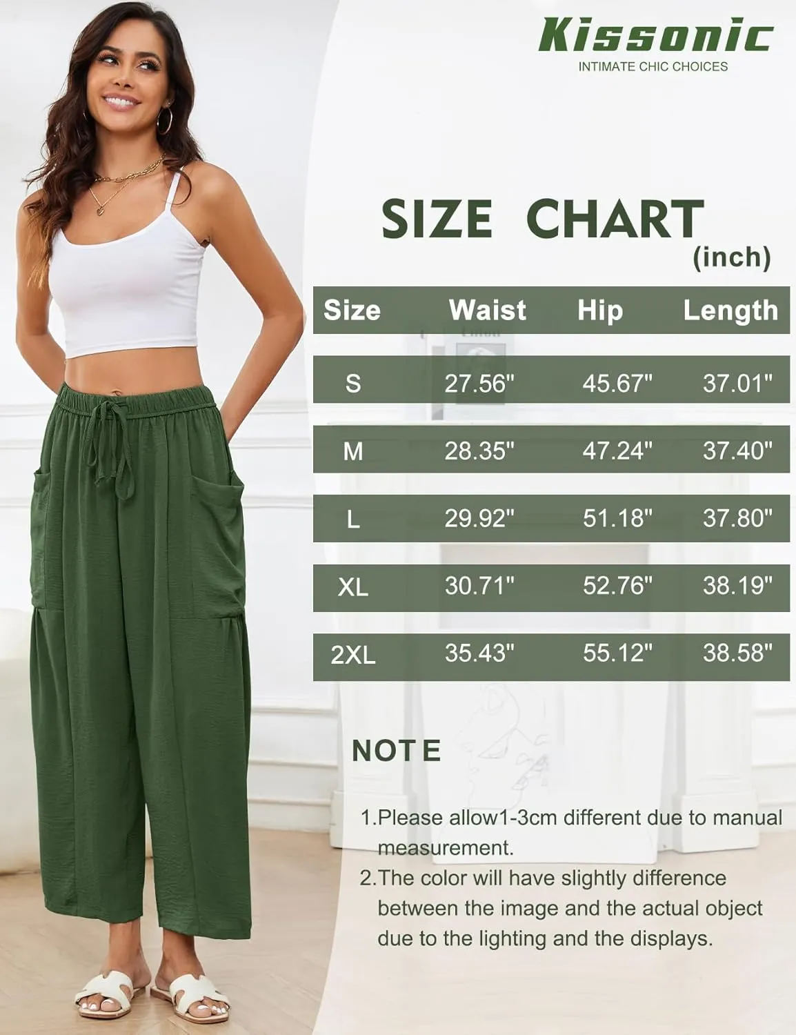 Kissonic Womens Wide Leg Pants Casual Loose Drawstring Flowy Summer Beach Palazzo Harem Pants with Pockets