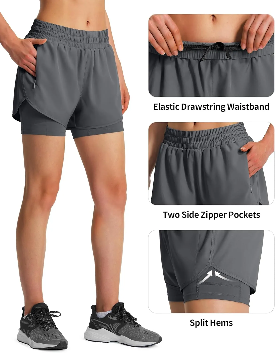 Ksmien Women's 2 in 1 Running Shorts Quick Dry Athletic Gym Workout Shorts with Liner Phone Pockets