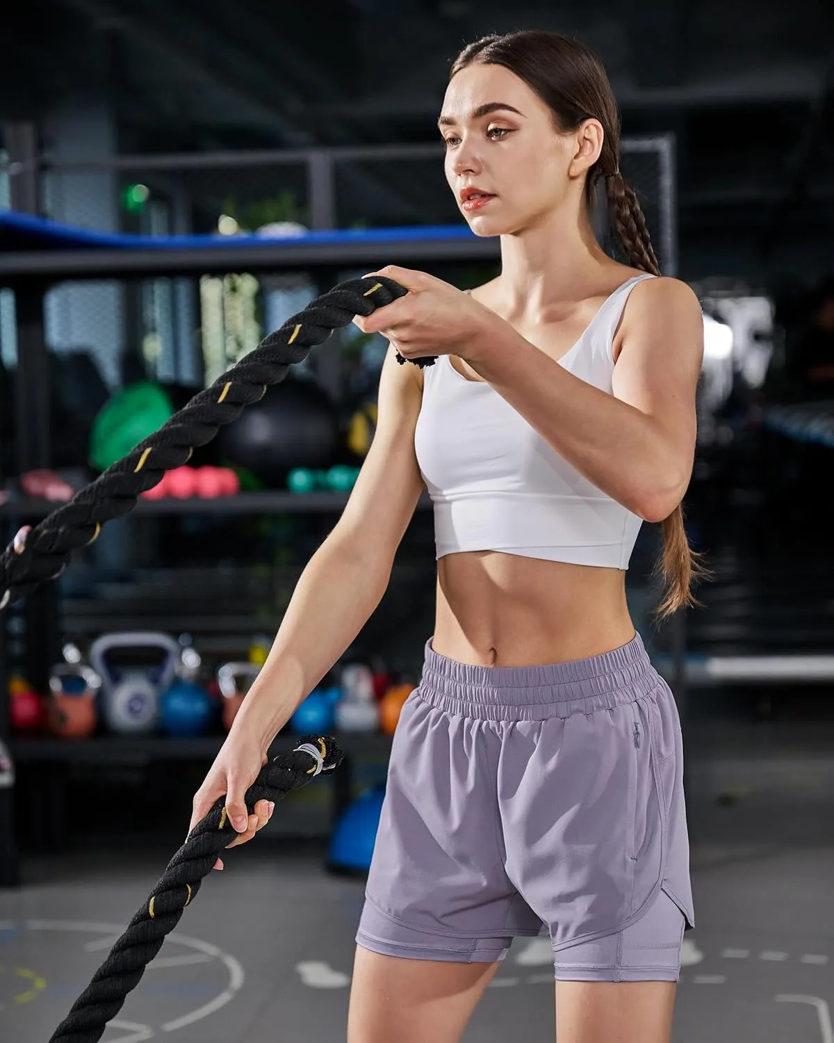 Ksmien Women's 2 in 1 Running Shorts Quick Dry Athletic Gym Workout Shorts with Liner Phone Pockets