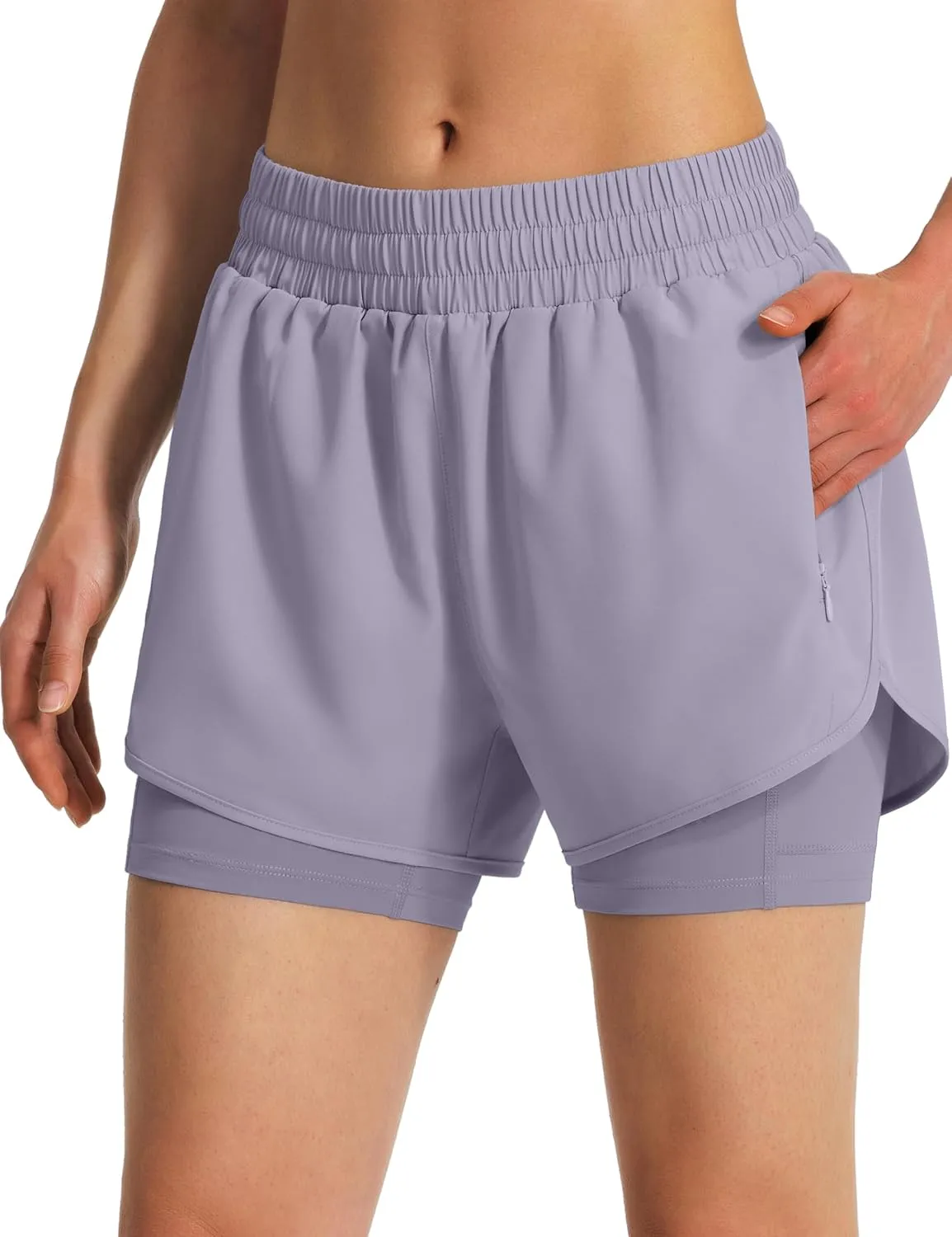 Ksmien Women's 2 in 1 Running Shorts Quick Dry Athletic Gym Workout Shorts with Liner Phone Pockets