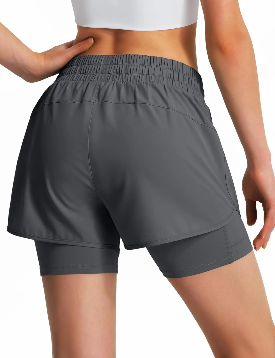 Ksmien Women's 2 in 1 Running Shorts Quick Dry Athletic Gym Workout Shorts with Liner Phone Pockets