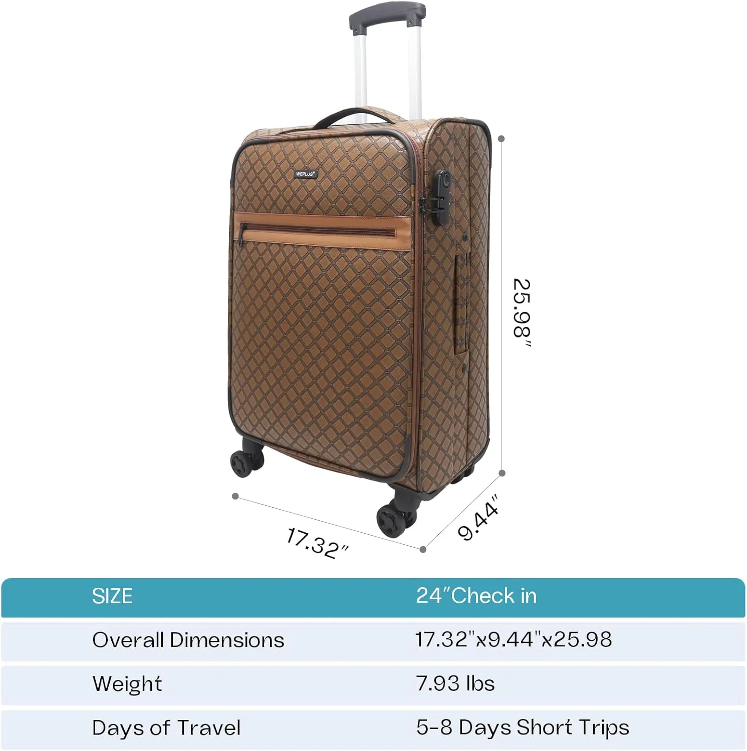 KYME 24 Inch Softside PU Leather Suitcase with Double Spinner Wheels, Travel Luggage for Business or Leisure, Brown