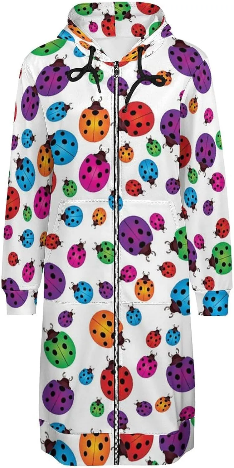 Ladybug Long Sleeve Hoodie Women Zip Up Hoodies Knee Length Tunic Sweatshirt Jackets Casual Loose Hoode Coat