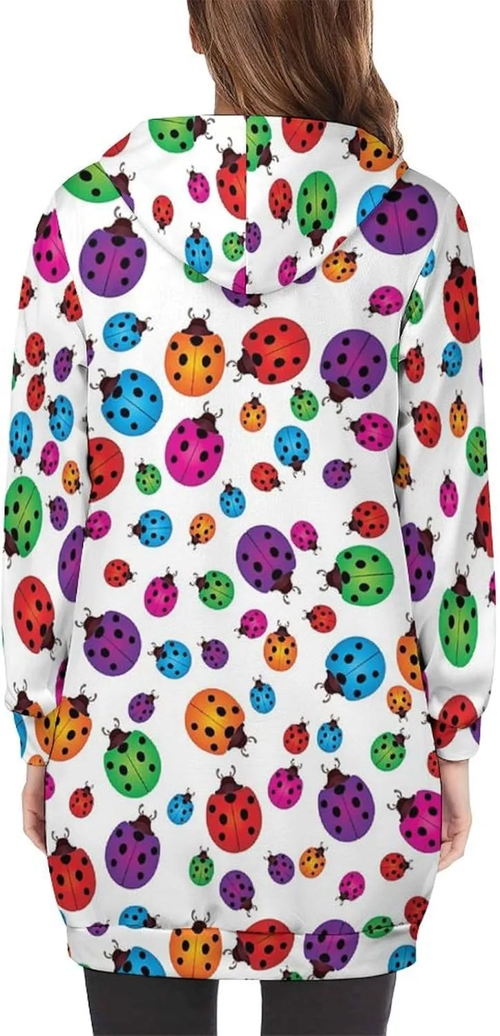 Ladybug Long Sleeve Hoodie Women Zip Up Hoodies Knee Length Tunic Sweatshirt Jackets Casual Loose Hoode Coat