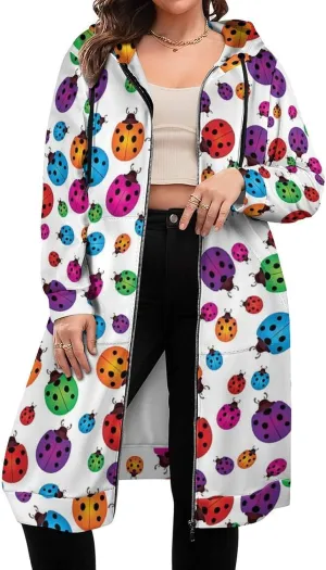 Ladybug Long Sleeve Hoodie Women Zip Up Hoodies Knee Length Tunic Sweatshirt Jackets Casual Loose Hoode Coat