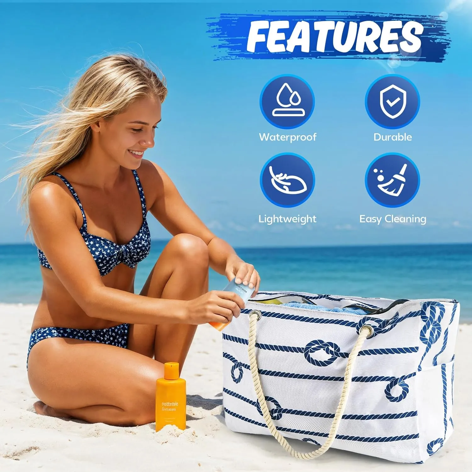 Large Beach Bag for Women & Men, Beach Bags Waterproof Sandproof, Travel Tote Bag, Swim Pool Bag for Family Outdoor