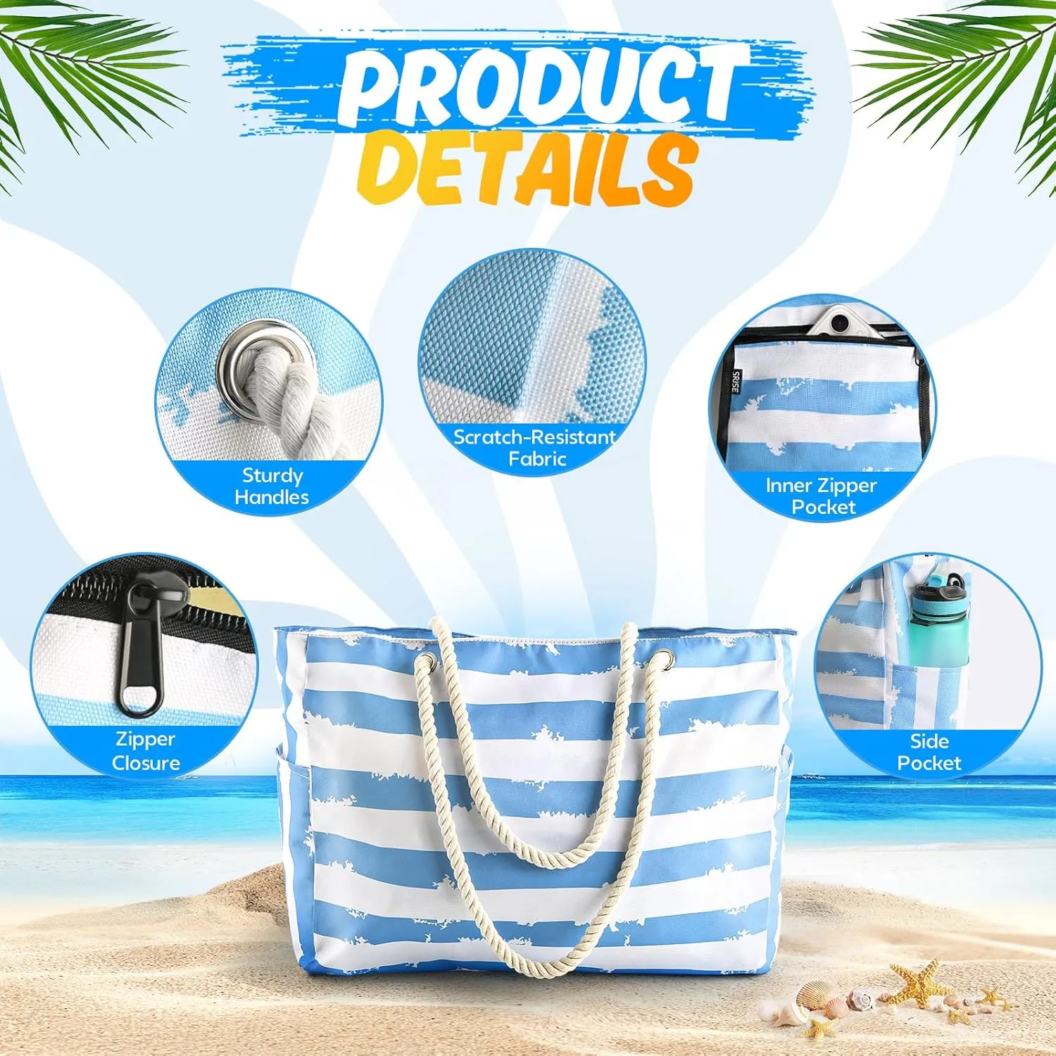 Large Beach Bag for Women & Men, Beach Bags Waterproof Sandproof, Travel Tote Bag, Swim Pool Bag for Family Outdoor