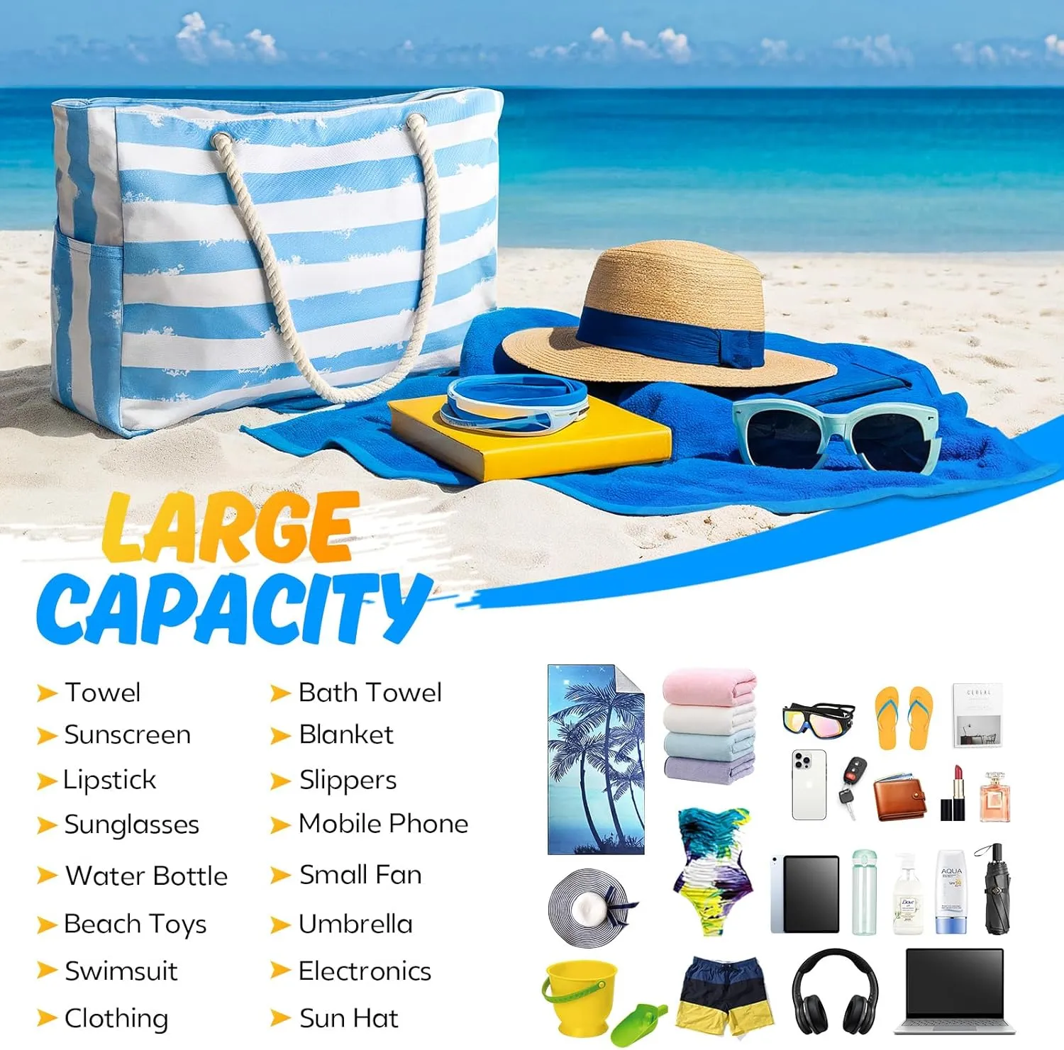 Large Beach Bag for Women & Men, Beach Bags Waterproof Sandproof, Travel Tote Bag, Swim Pool Bag for Family Outdoor