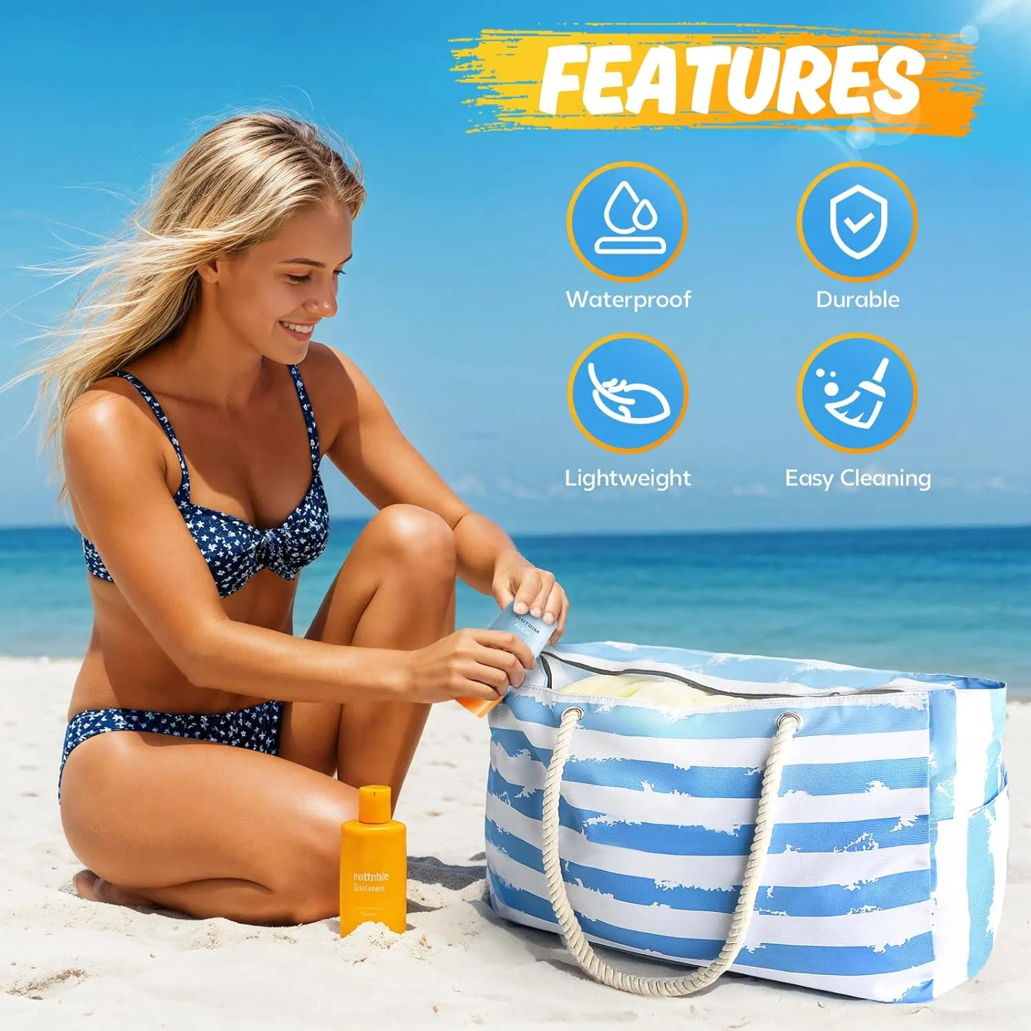 Large Beach Bag for Women & Men, Beach Bags Waterproof Sandproof, Travel Tote Bag, Swim Pool Bag for Family Outdoor