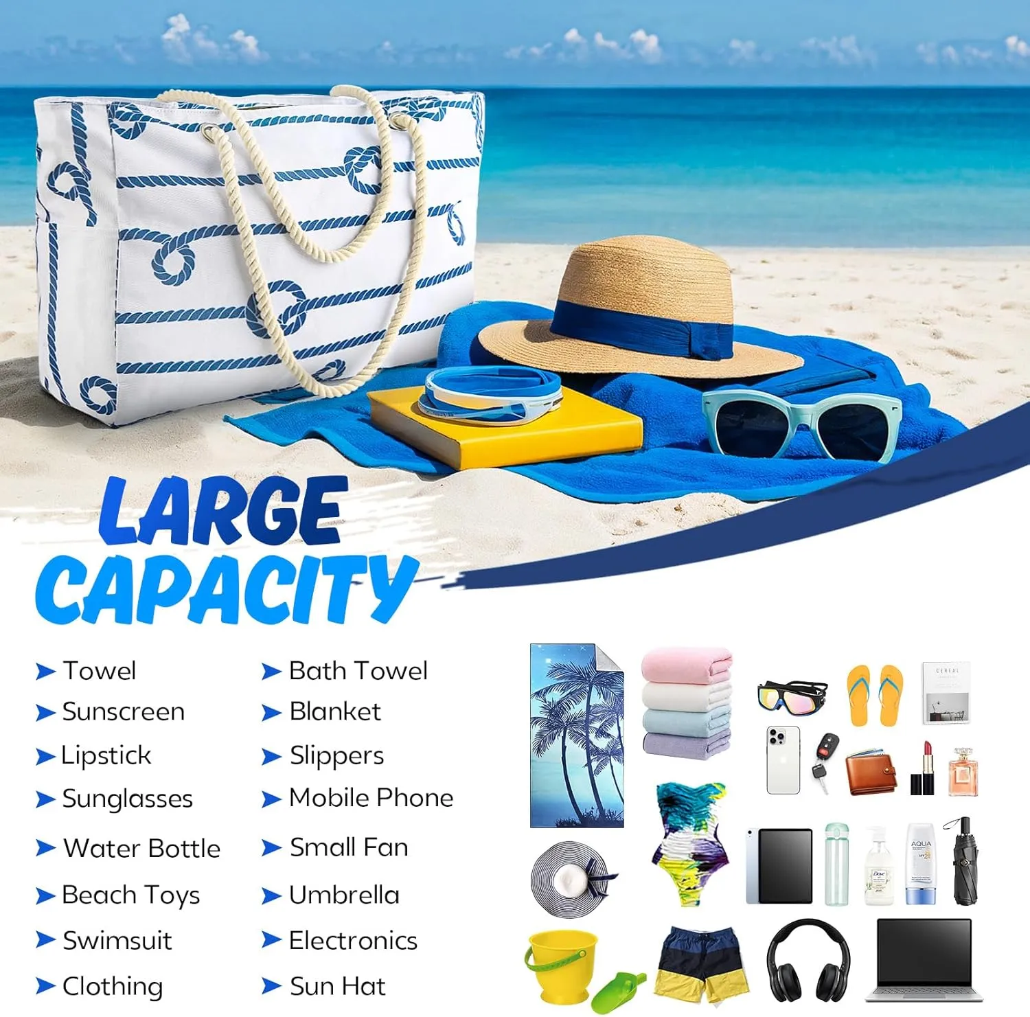Large Beach Bag for Women & Men, Beach Bags Waterproof Sandproof, Travel Tote Bag, Swim Pool Bag for Family Outdoor