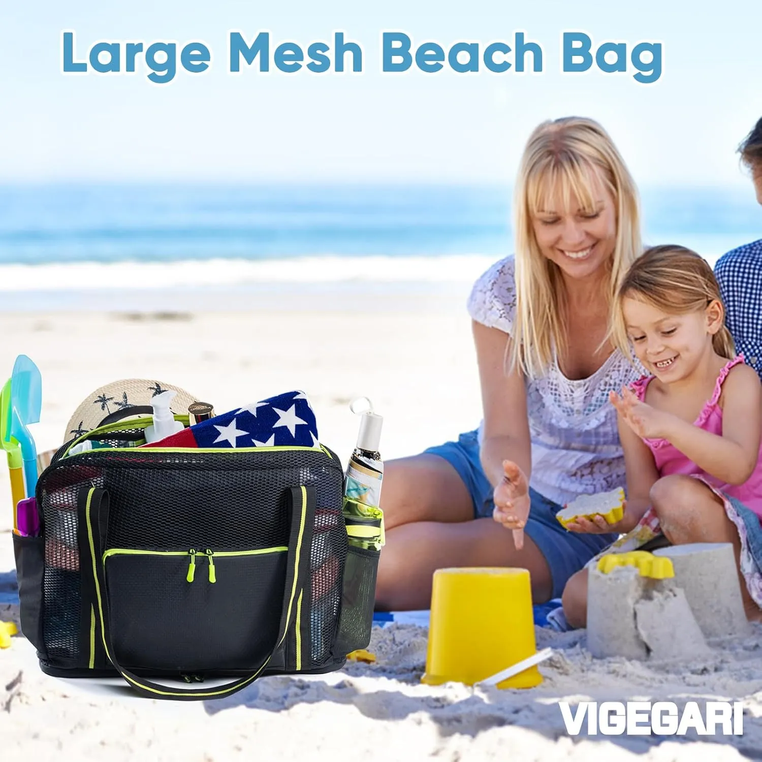 Large Mesh Beach Bag - XL Beach Tote Sandproof - Swim Bag - Large Pool Tote with Pockets for Toiletries, Towel