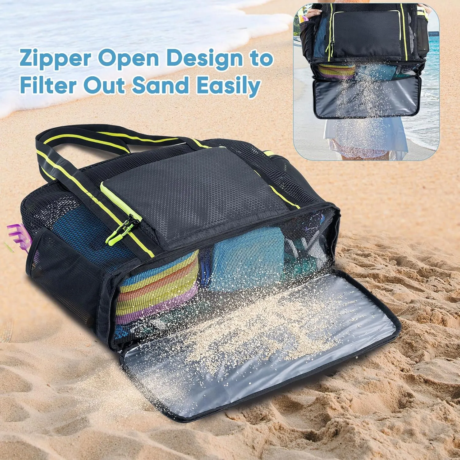 Large Mesh Beach Bag - XL Beach Tote Sandproof - Swim Bag - Large Pool Tote with Pockets for Toiletries, Towel