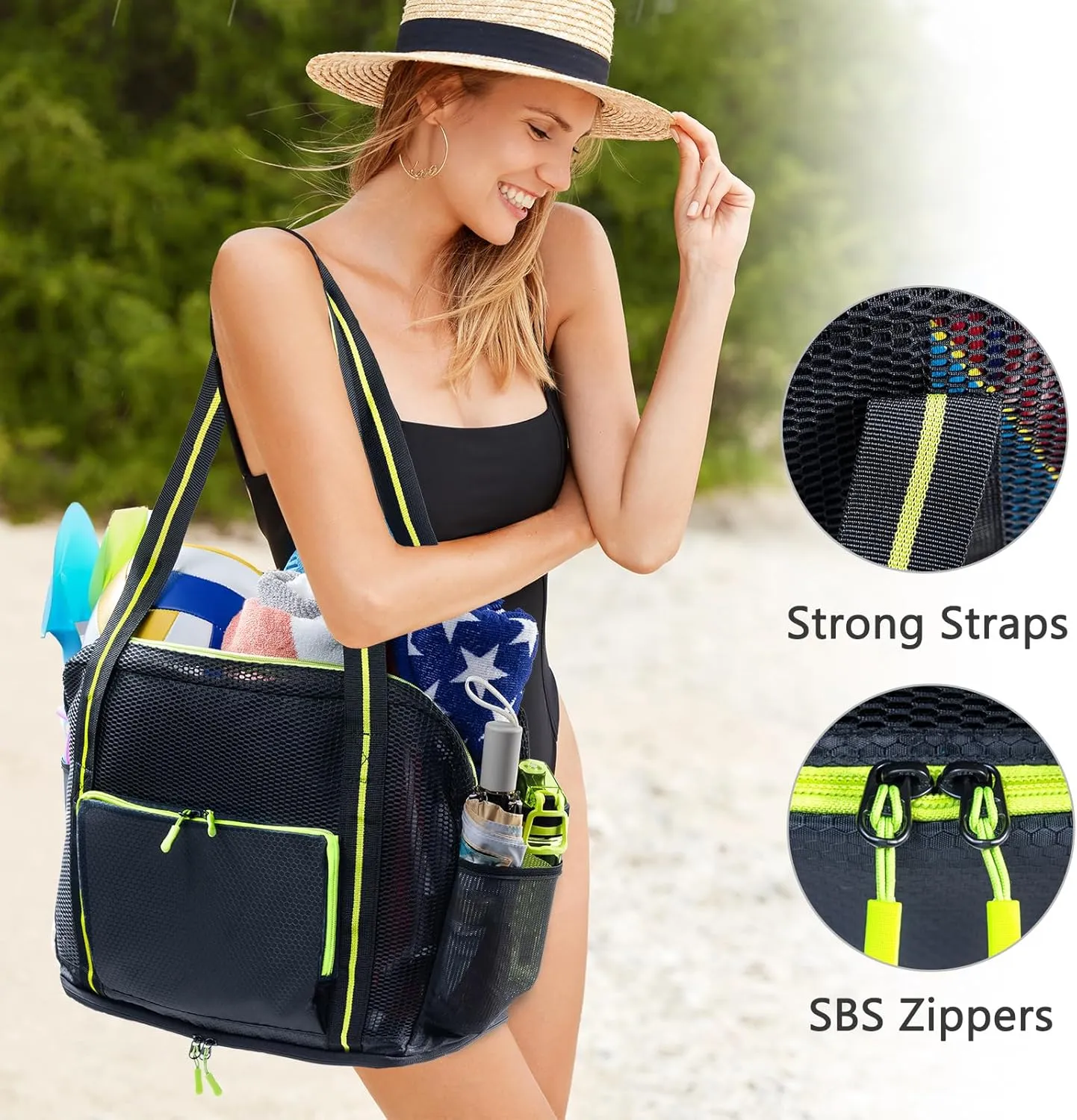 Large Mesh Beach Bag - XL Beach Tote Sandproof - Swim Bag - Large Pool Tote with Pockets for Toiletries, Towel