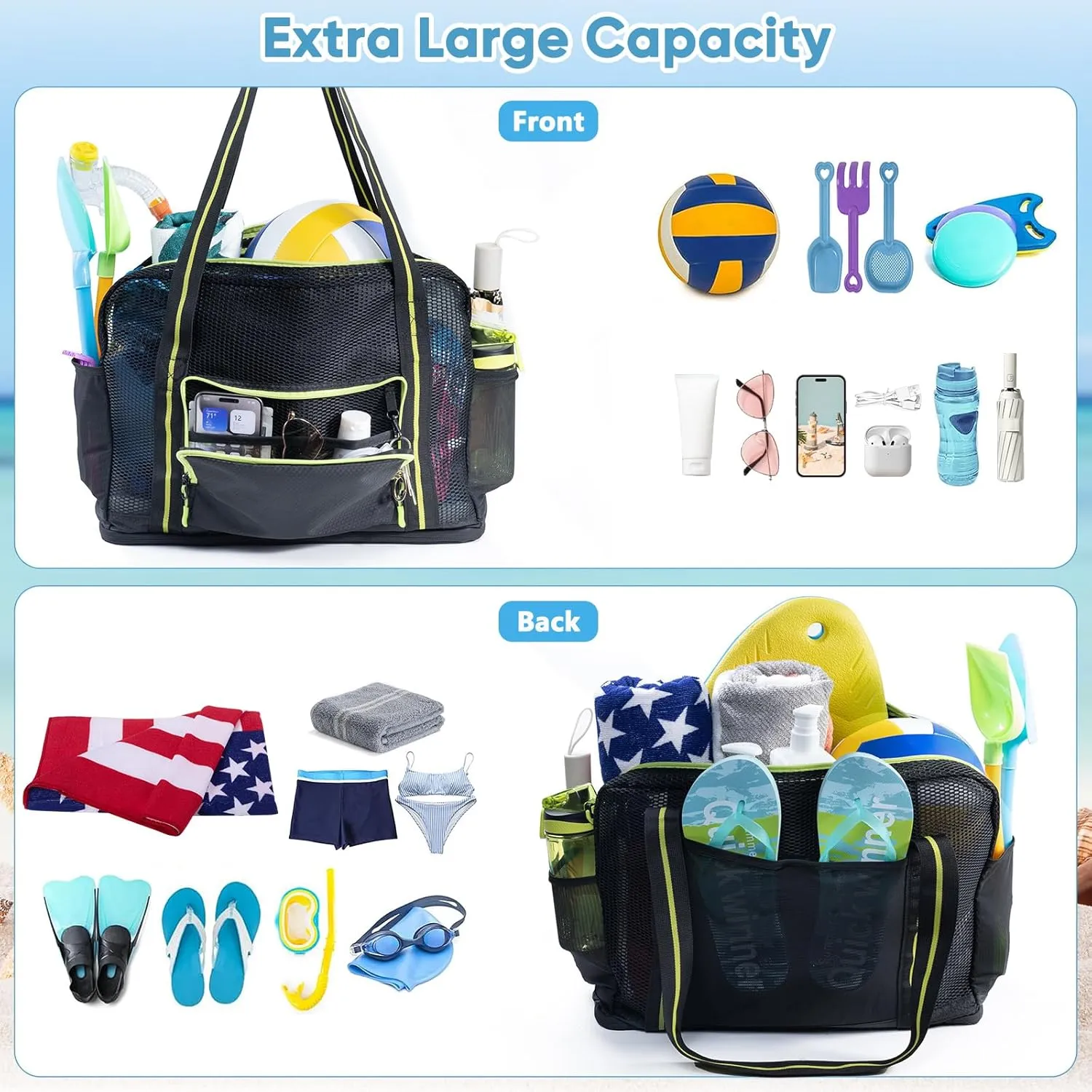 Large Mesh Beach Bag - XL Beach Tote Sandproof - Swim Bag - Large Pool Tote with Pockets for Toiletries, Towel