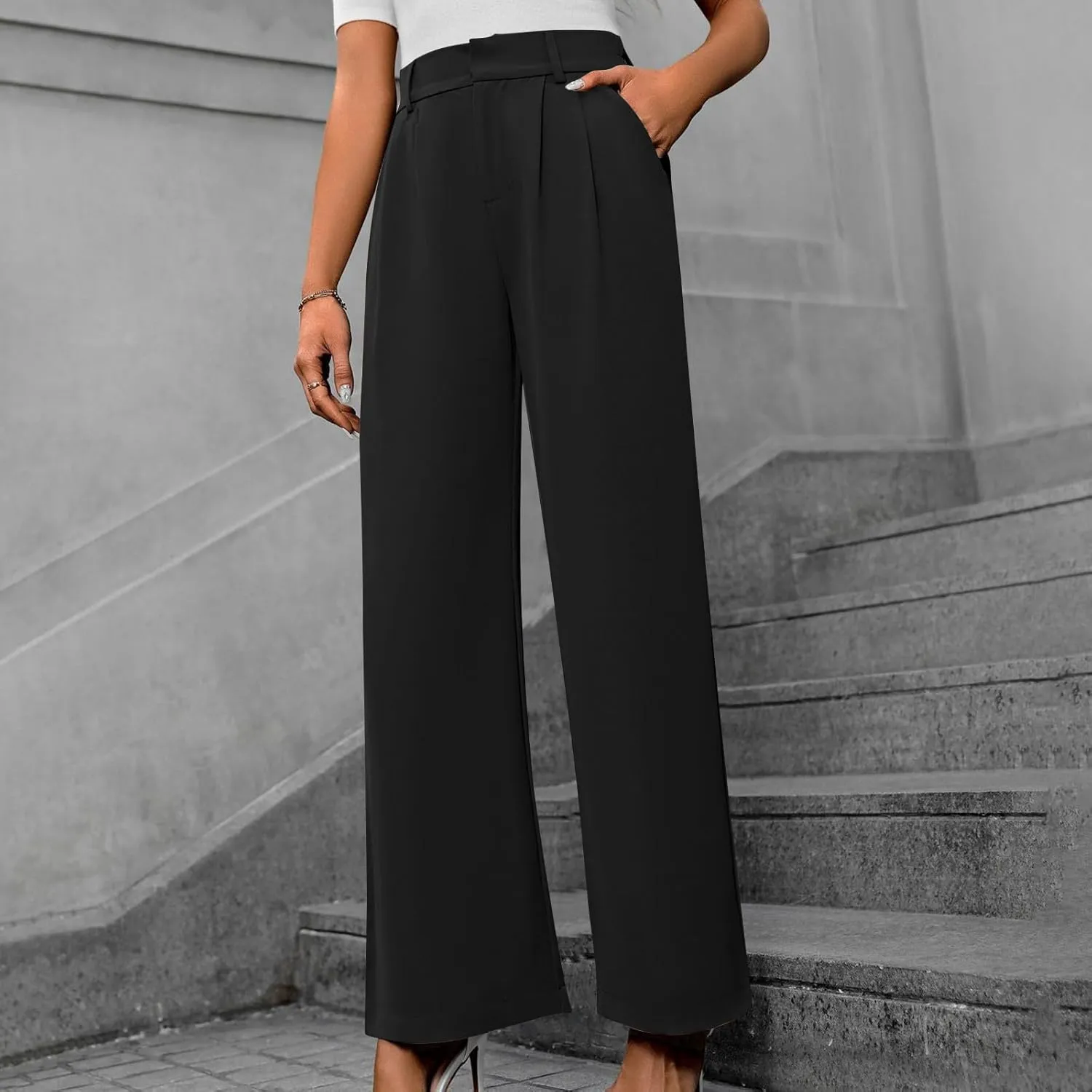Lastesso Pants for Women Solid Straight Wide Leg Trousers with Pcoekts High Waisted Baggy Business Casual Suit Pants