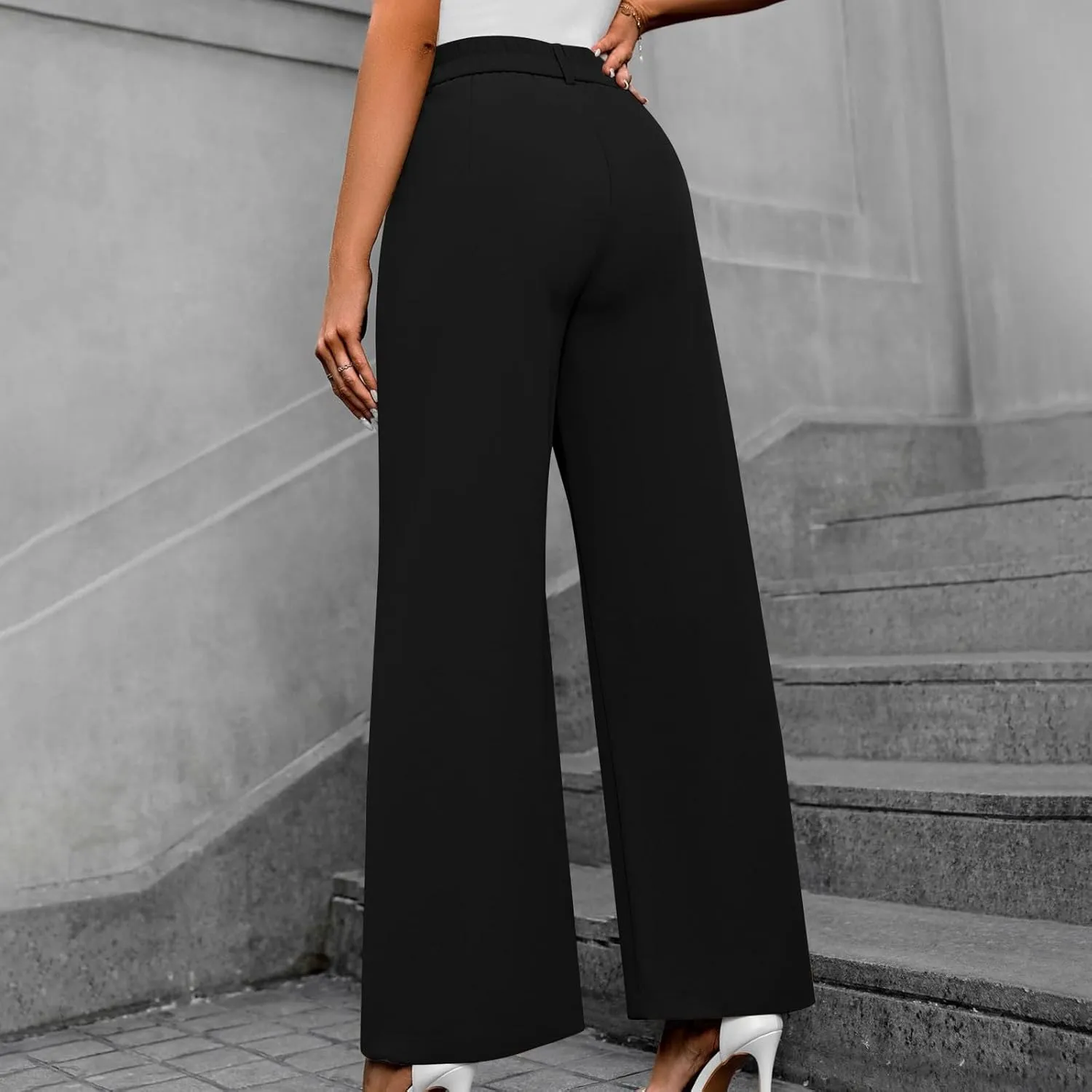 Lastesso Pants for Women Solid Straight Wide Leg Trousers with Pcoekts High Waisted Baggy Business Casual Suit Pants
