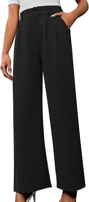 Lastesso Pants for Women Solid Straight Wide Leg Trousers with Pcoekts High Waisted Baggy Business Casual Suit Pants