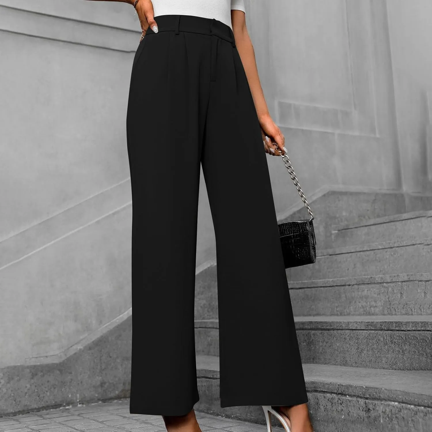 Lastesso Pants for Women Solid Straight Wide Leg Trousers with Pcoekts High Waisted Baggy Business Casual Suit Pants