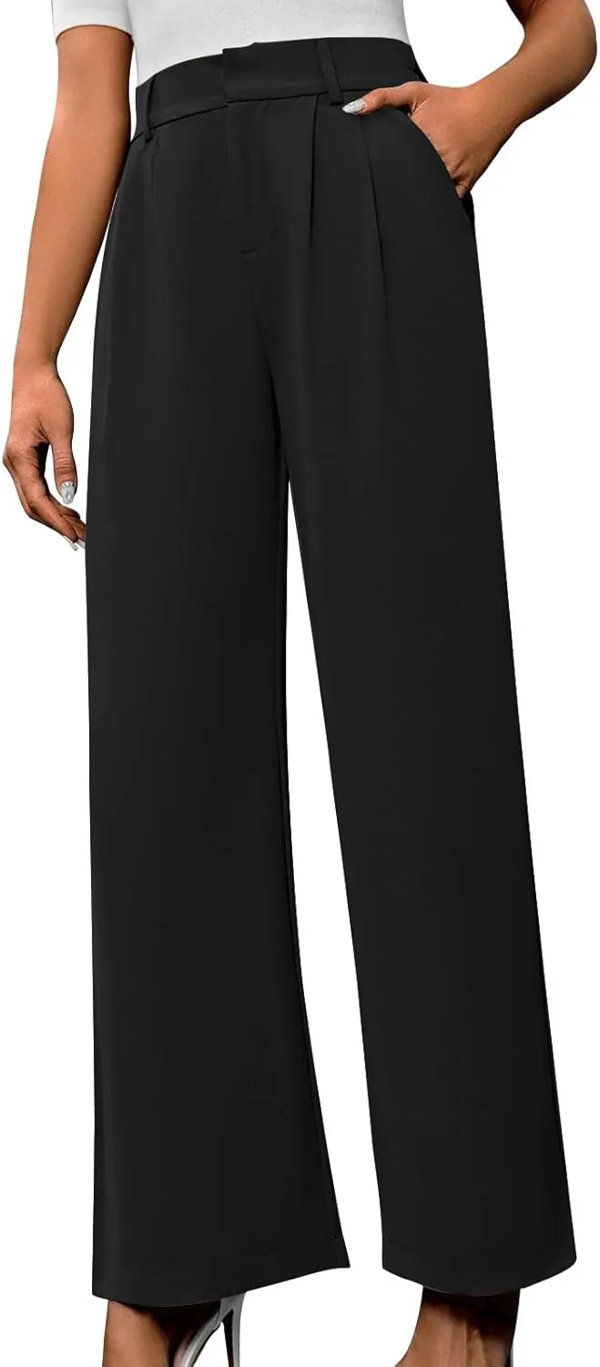 Lastesso Pants for Women Solid Straight Wide Leg Trousers with Pcoekts High Waisted Baggy Business Casual Suit Pants