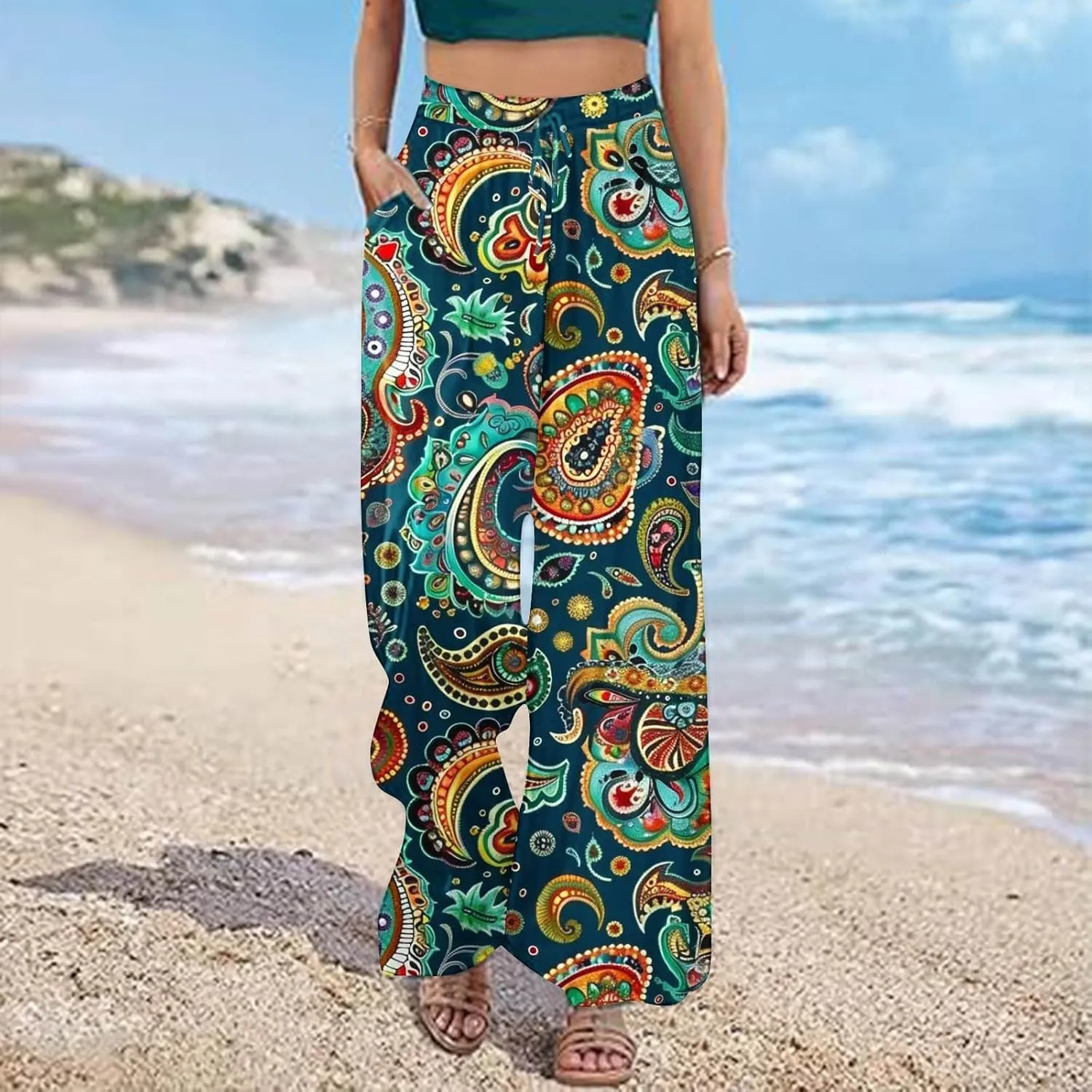 Lastesso Wide Leg Pants Women Casual Flowy Palazzo Pants High Waist Ethnic Style Fashion Falll Clothes Soft Lounge Pants