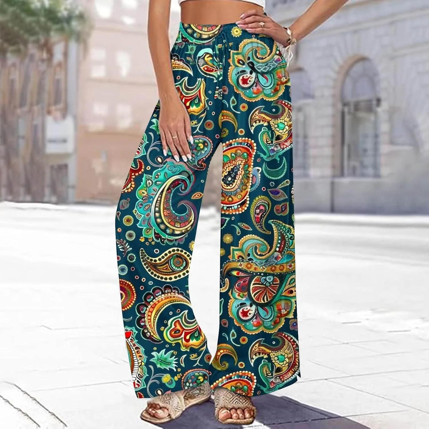 Lastesso Wide Leg Pants Women Casual Flowy Palazzo Pants High Waist Ethnic Style Fashion Falll Clothes Soft Lounge Pants