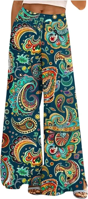 Lastesso Wide Leg Pants Women Casual Flowy Palazzo Pants High Waist Ethnic Style Fashion Falll Clothes Soft Lounge Pants