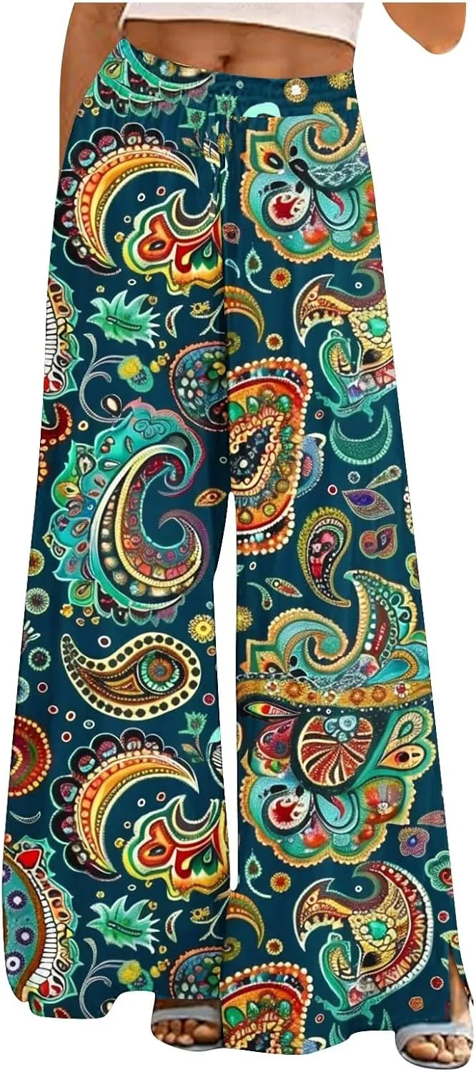Lastesso Wide Leg Pants Women Casual Flowy Palazzo Pants High Waist Ethnic Style Fashion Falll Clothes Soft Lounge Pants