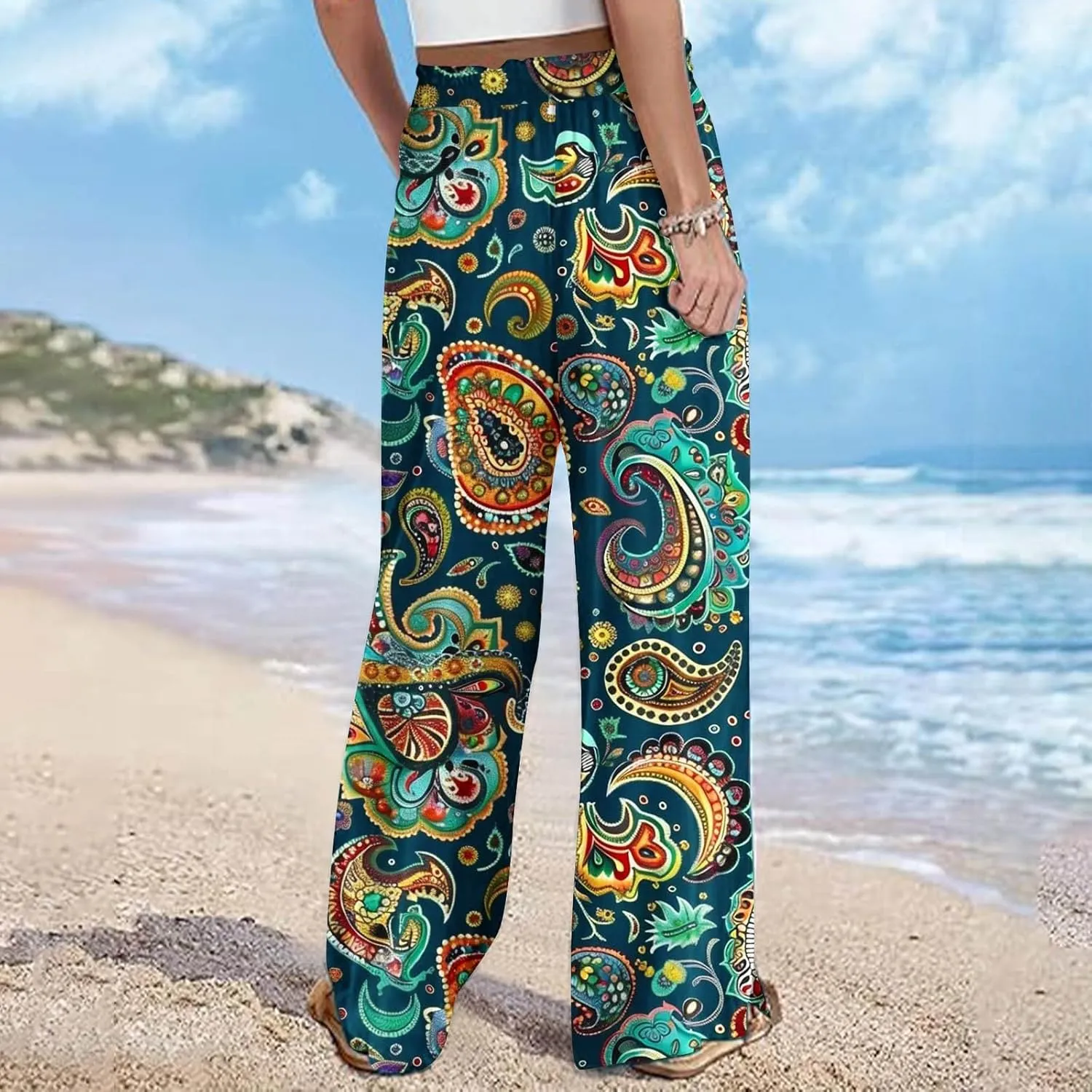 Lastesso Wide Leg Pants Women Casual Flowy Palazzo Pants High Waist Ethnic Style Fashion Falll Clothes Soft Lounge Pants