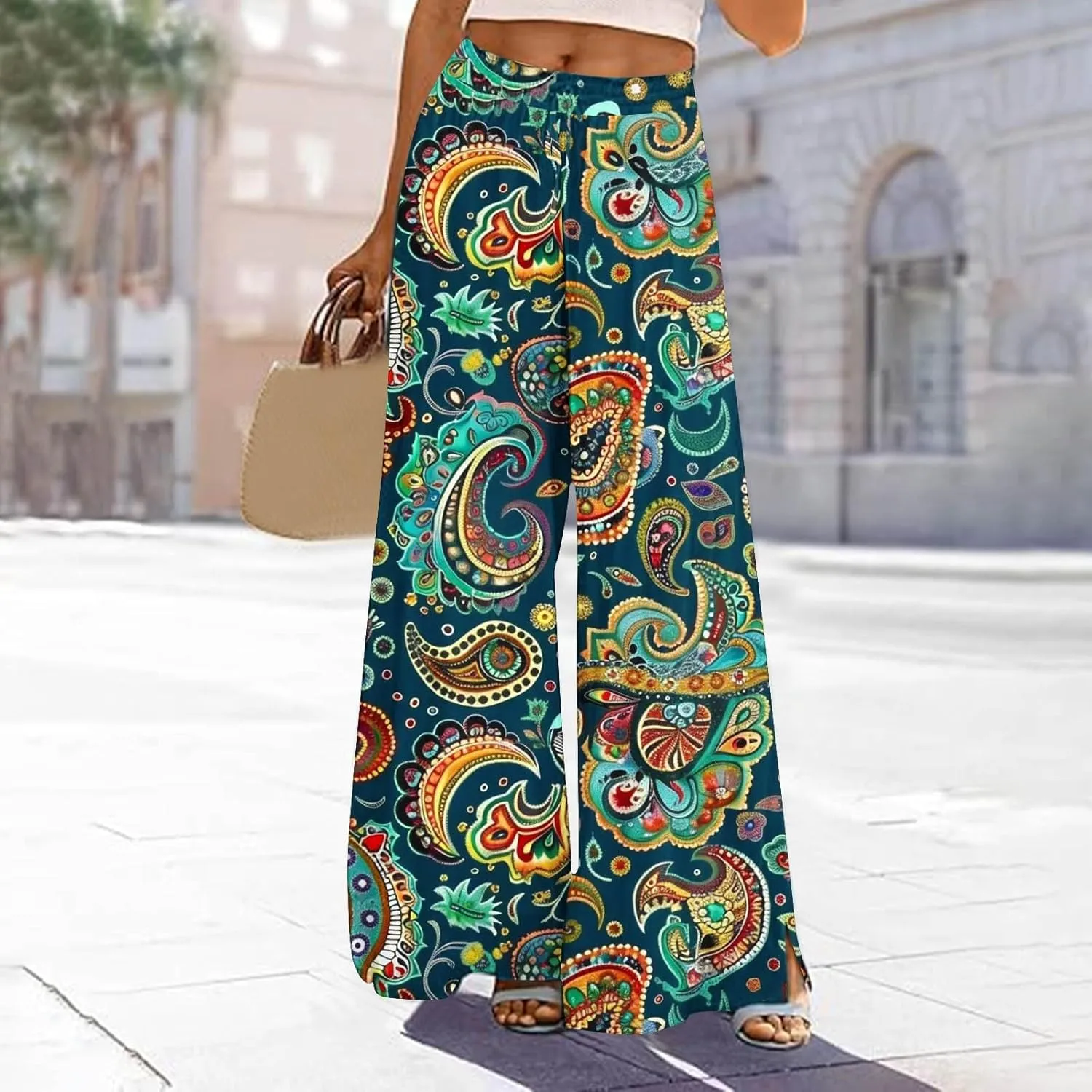Lastesso Wide Leg Pants Women Casual Flowy Palazzo Pants High Waist Ethnic Style Fashion Falll Clothes Soft Lounge Pants