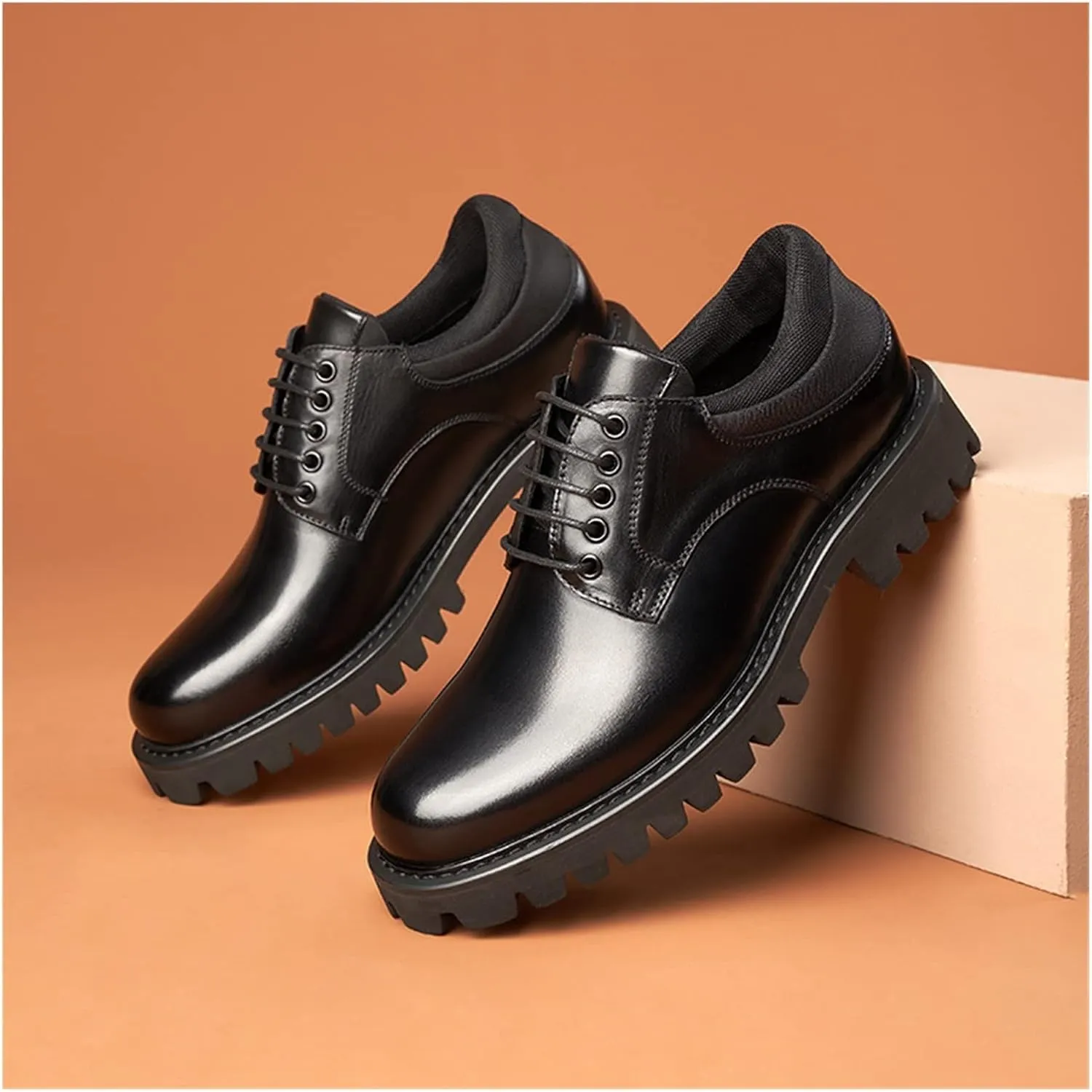 LAZIRO Top Layer Cowhide Business Casual Round Toe Low-top Leather Shoes Men's Thick Bottom Raised Leather Soft Bottom Tooling Men's Shoes