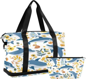 Leaf and Dolphin Travel Duffel Bag Waterproof Gym Sport Tote Bag Carry On Weekender Bag with Compartment