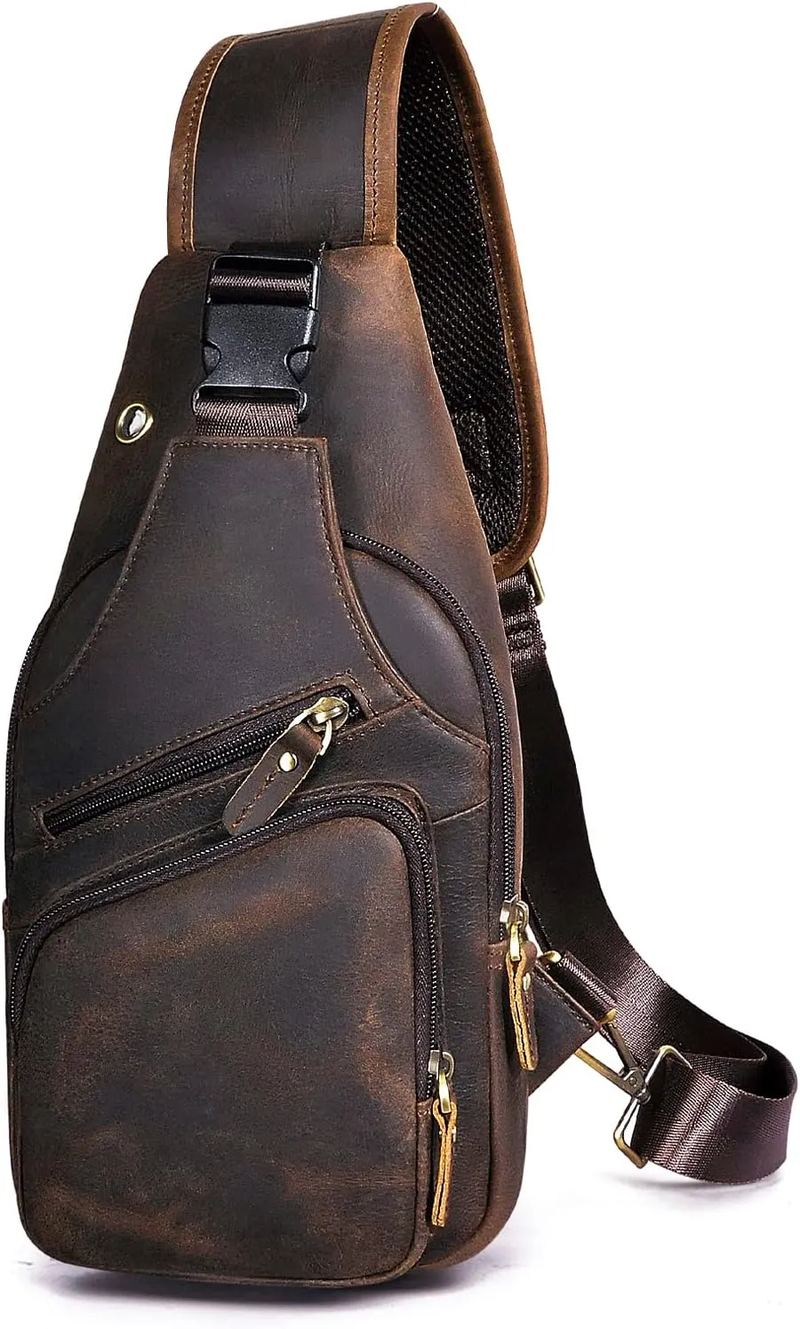 Le'aokuu Men Fashion Casual Tea Designer Travel Hiking Crossbody Chest Sling Bag Rig One Shoulder Strap Bag Men Leather 8015