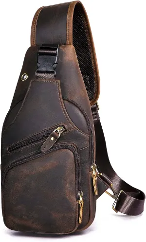 Le'aokuu Men Fashion Casual Tea Designer Travel Hiking Crossbody Chest Sling Bag Rig One Shoulder Strap Bag Men Leather 8015