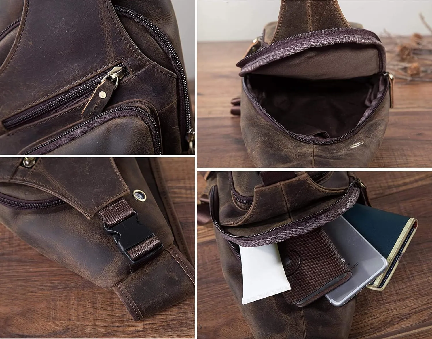 Le'aokuu Men Fashion Casual Tea Designer Travel Hiking Crossbody Chest Sling Bag Rig One Shoulder Strap Bag Men Leather 8015