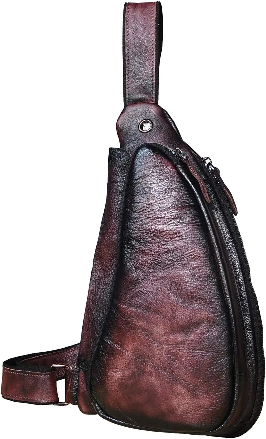 Le'aokuu Mens Fashion Casual Tea Designer Travel Hiking Crossbody Chest Sling Bag Rig One Shoulder Strap Bag For Men Leather
