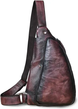 Le'aokuu Mens Fashion Casual Tea Designer Travel Hiking Crossbody Chest Sling Bag Rig One Shoulder Strap Bag For Men Leather